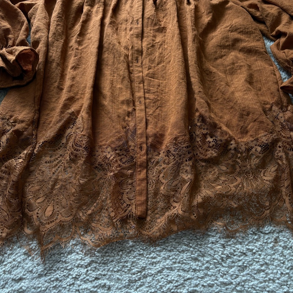 Kaktus Terracotta Blouse Smocked Yoke Ruffled Cuff Lace Trim Boho Peasant Chic - Picture 3 of 9